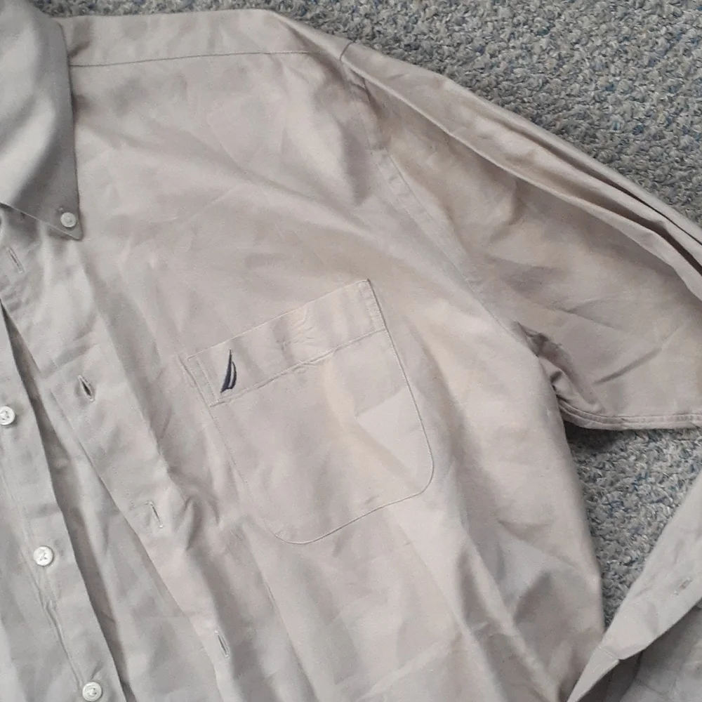 Nautica Beige Vintage Oxford Khaki Long Sleeve Button Down Dress Shirt SIZE 16.5